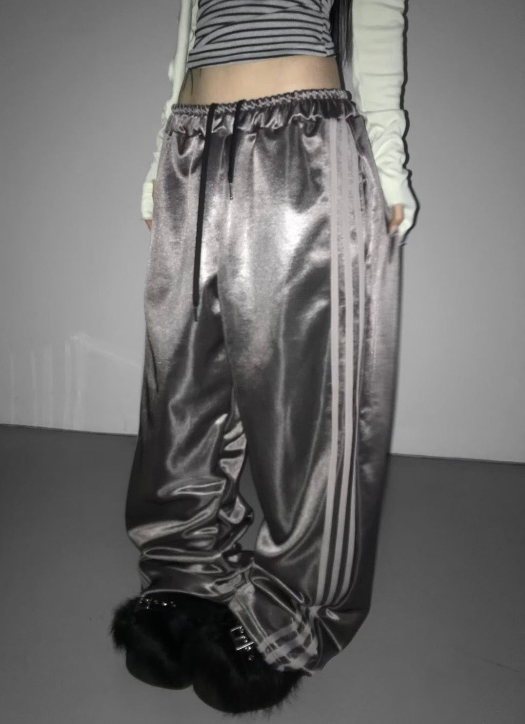 Glossy satin track pants