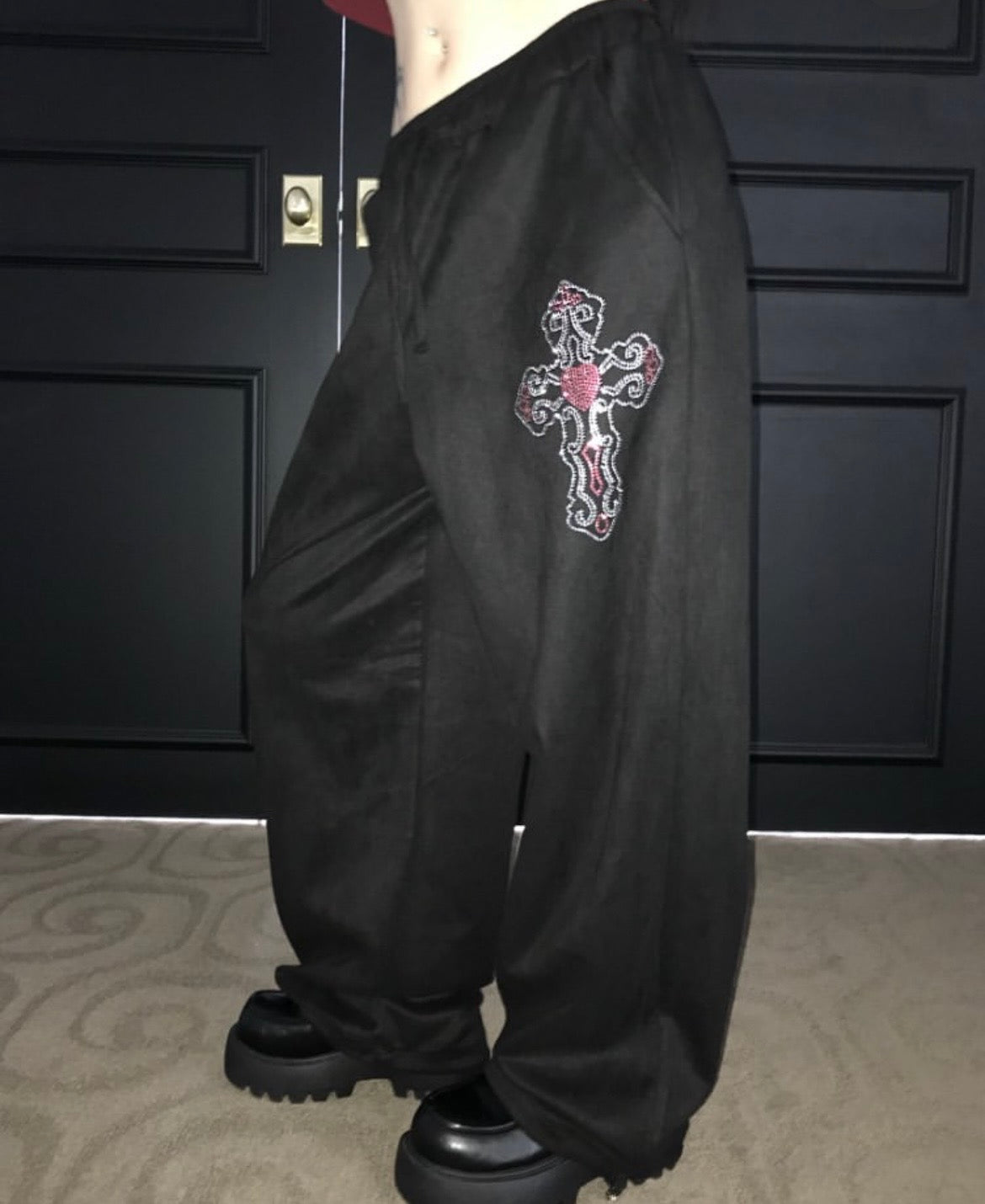 Cross charm suede-effect drawstring pants