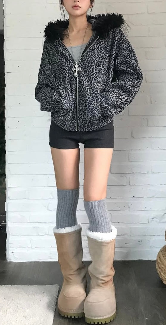 Leopard fur hoodie zip-up