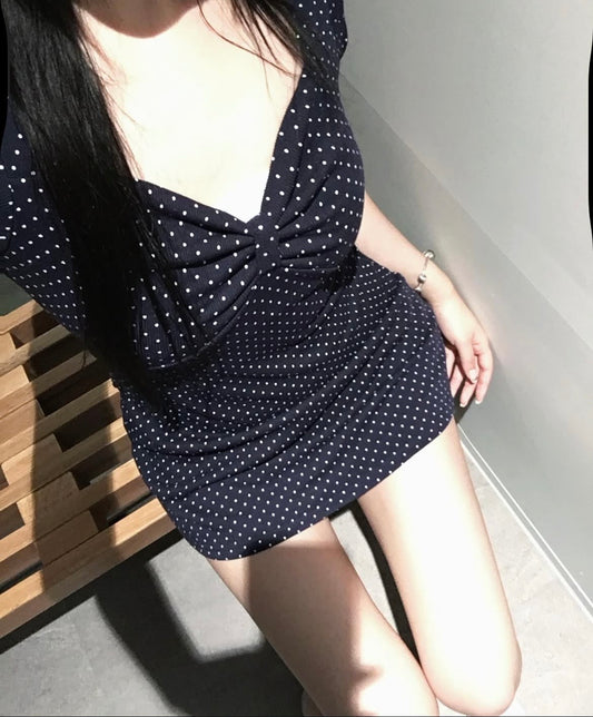 Navy polka dot v-neck mini dress