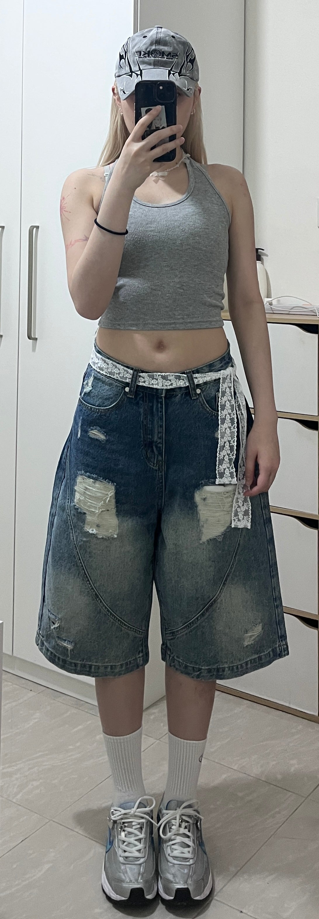blue ripped 6-inch denim shorts