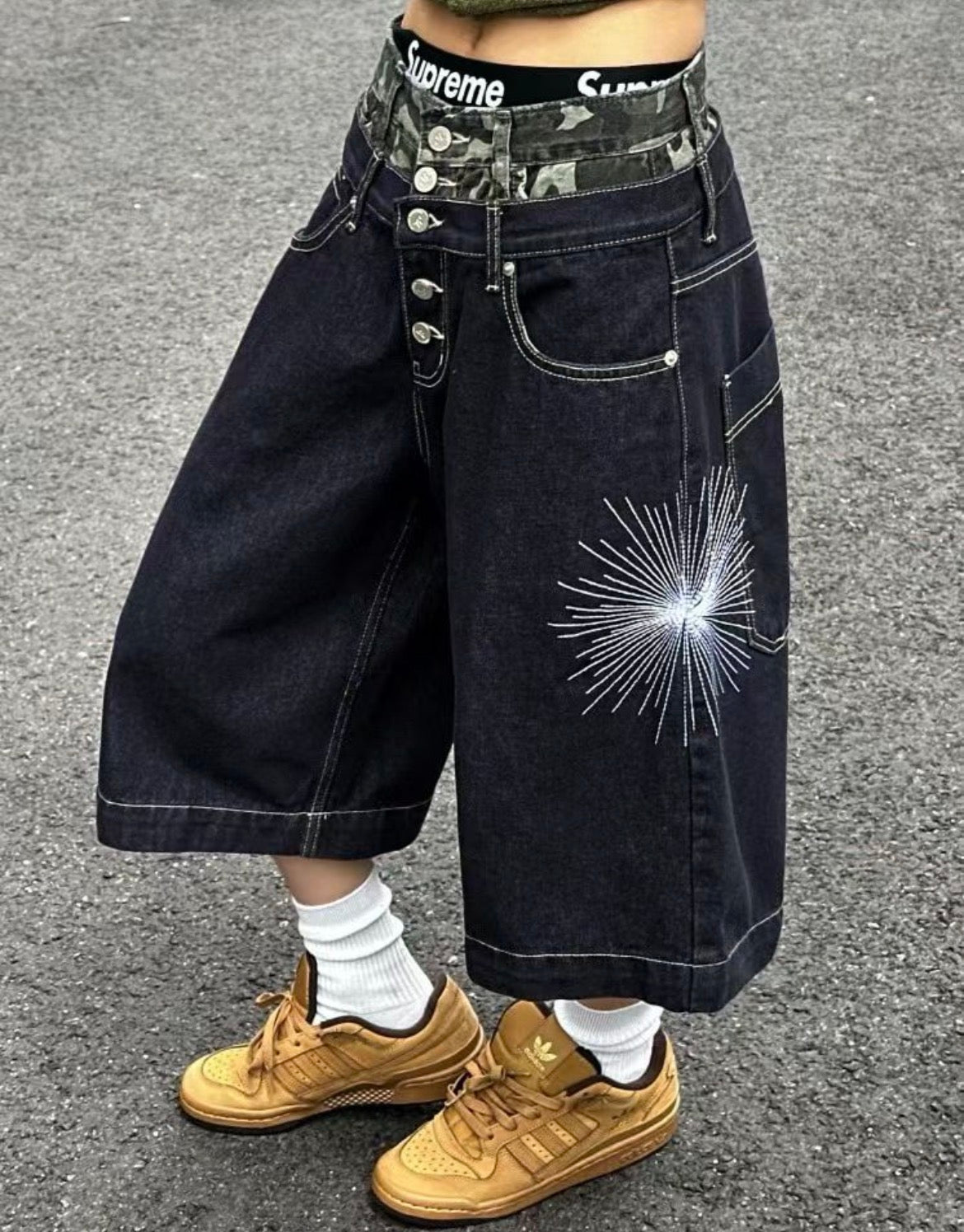 Camouflage lining firework denim shorts