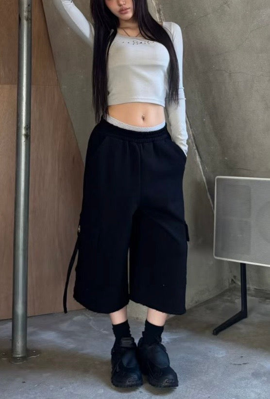 Cargo button wide-leg pants