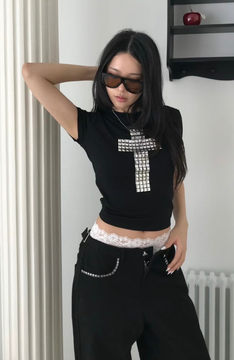 Rhinestone square crop top✝️
