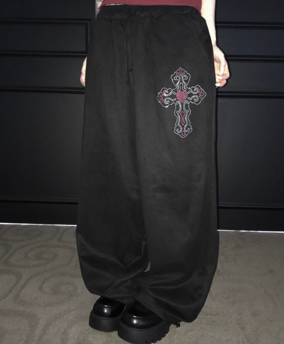Cross charm suede-effect drawstring pants