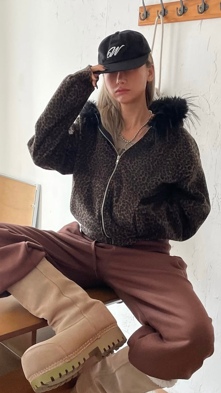 Leopard fur hoodie zip-up