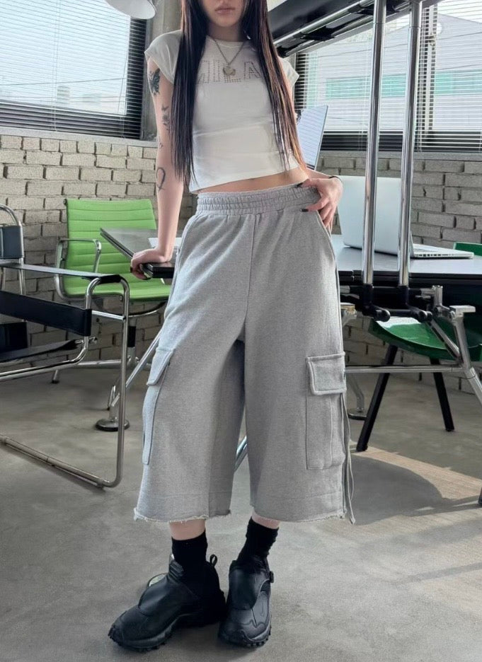 Cargo button wide-leg pants
