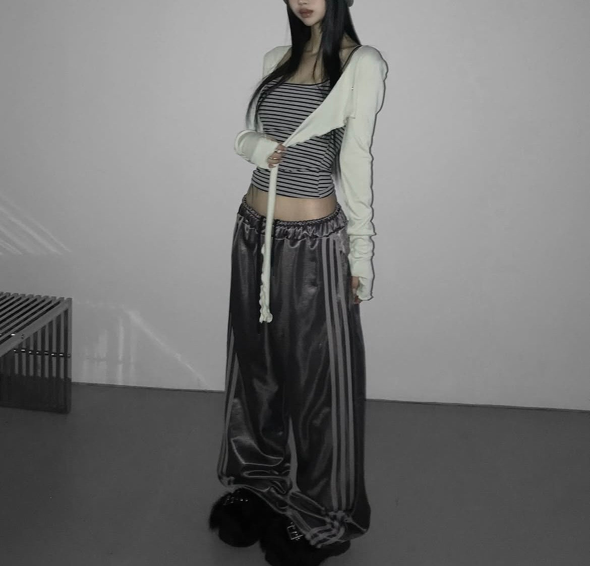 Glossy satin track pants