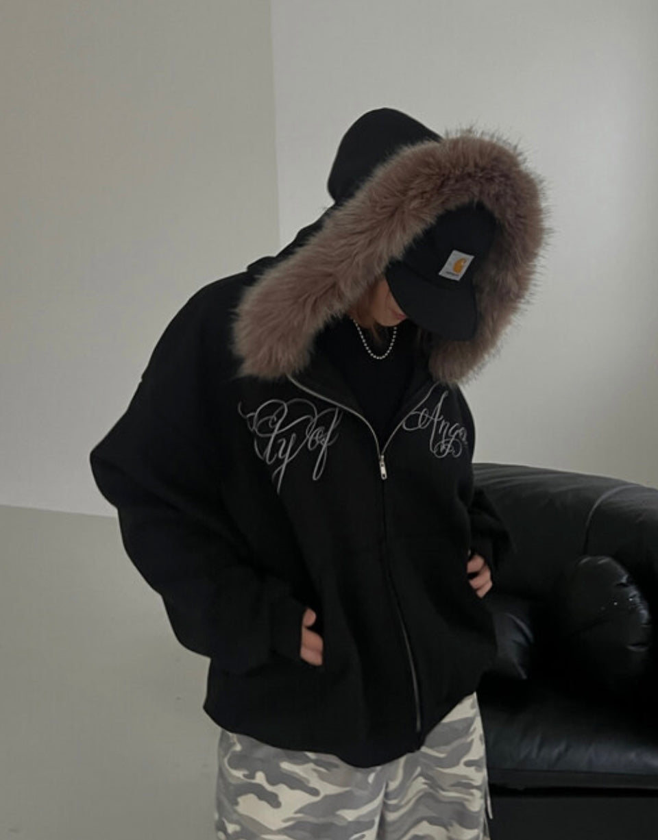 Angel fur hood zip-up
