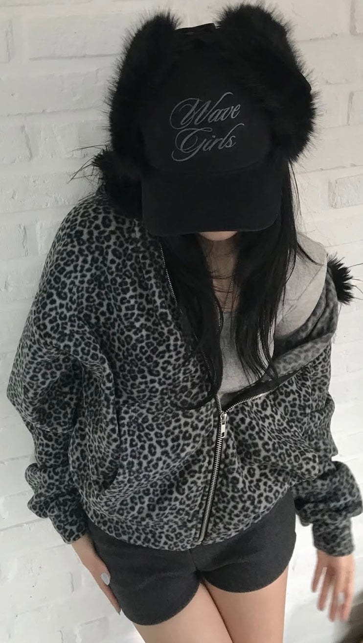Leopard fur hoodie zip-up