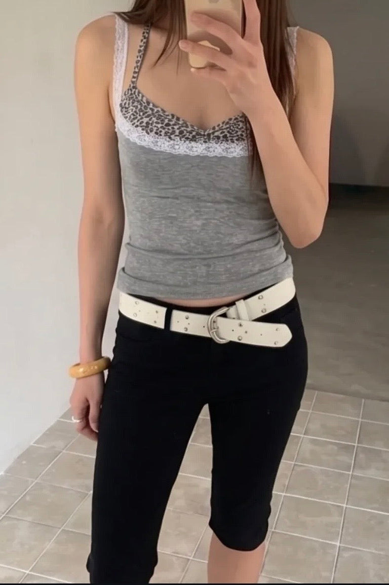 Leopard print lace trim camo top