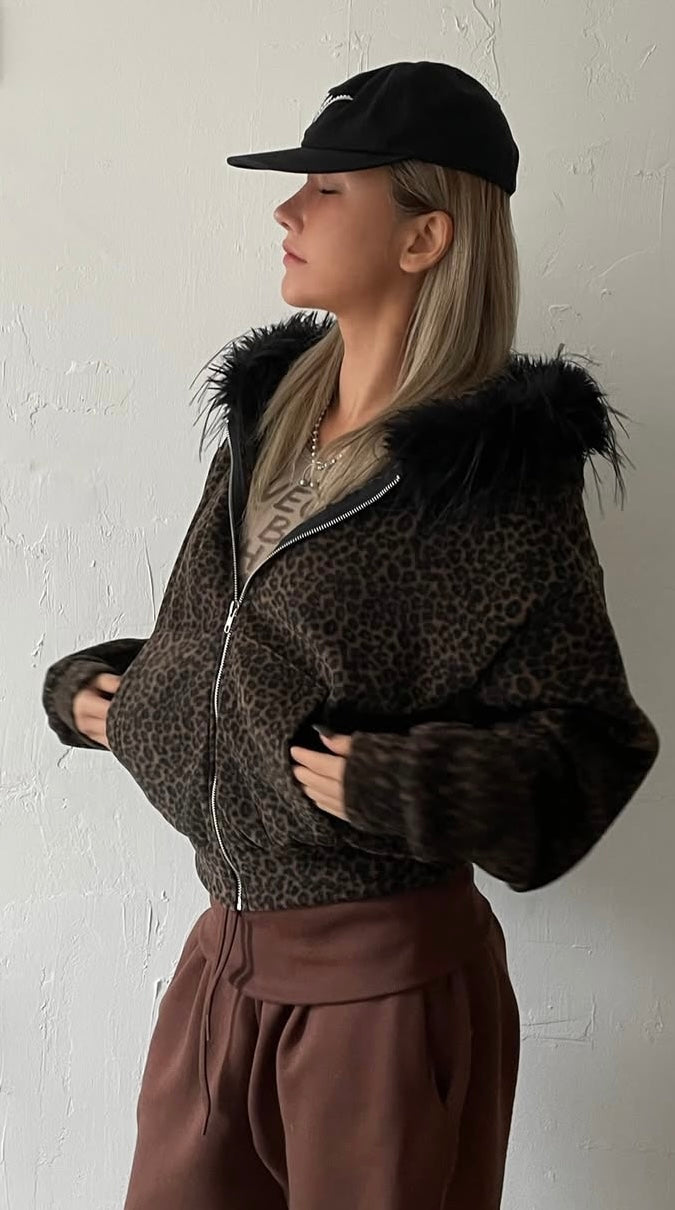 Leopard fur hoodie zip-up