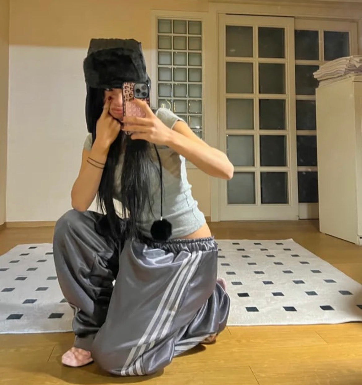 Glossy satin track pants