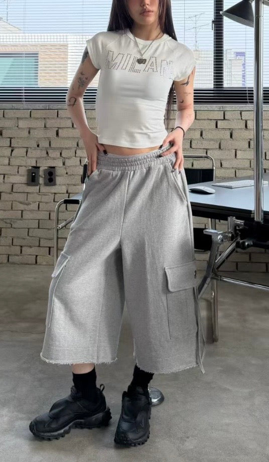 Cargo button wide-leg pants