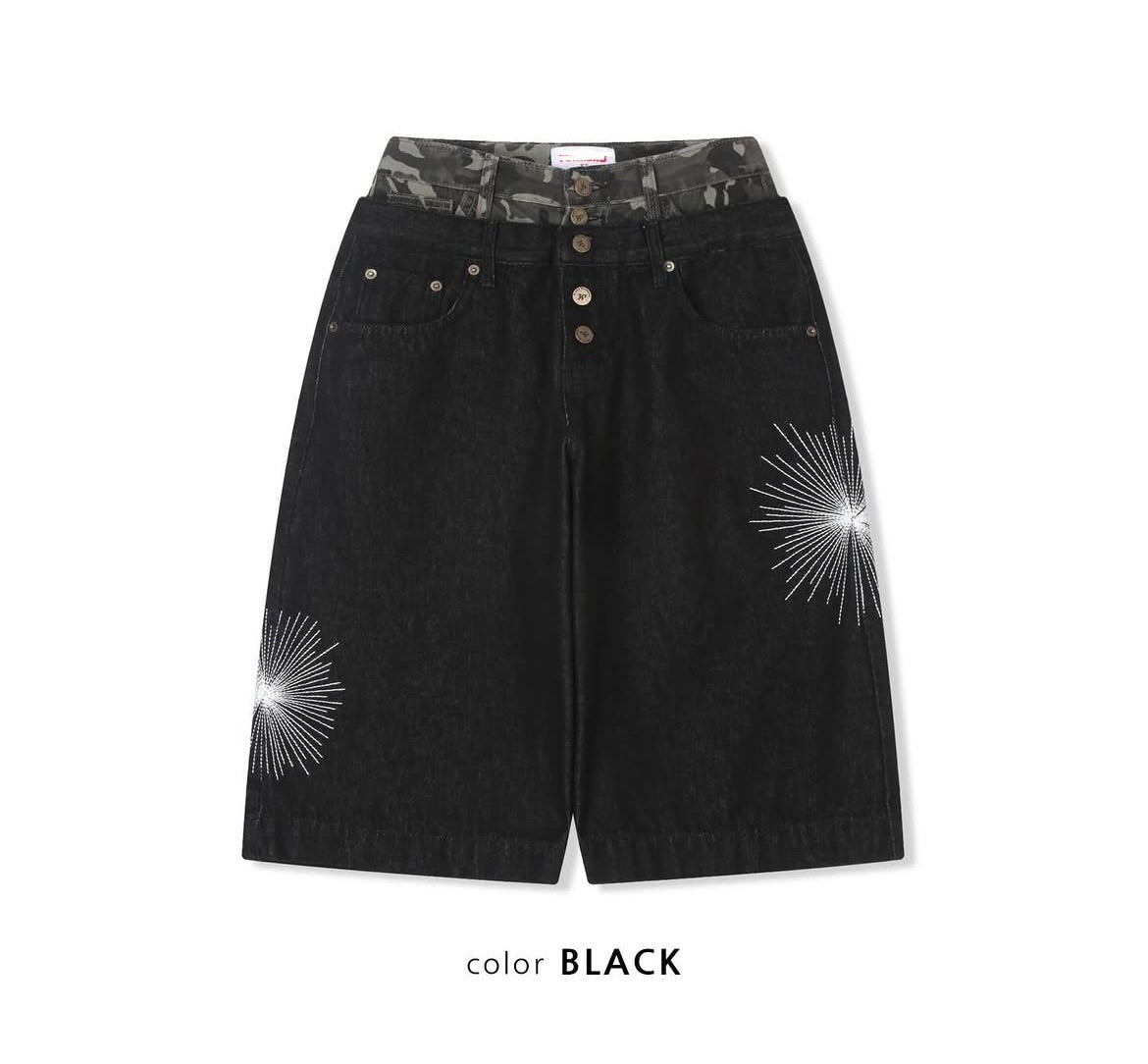 Camouflage lining firework denim shorts