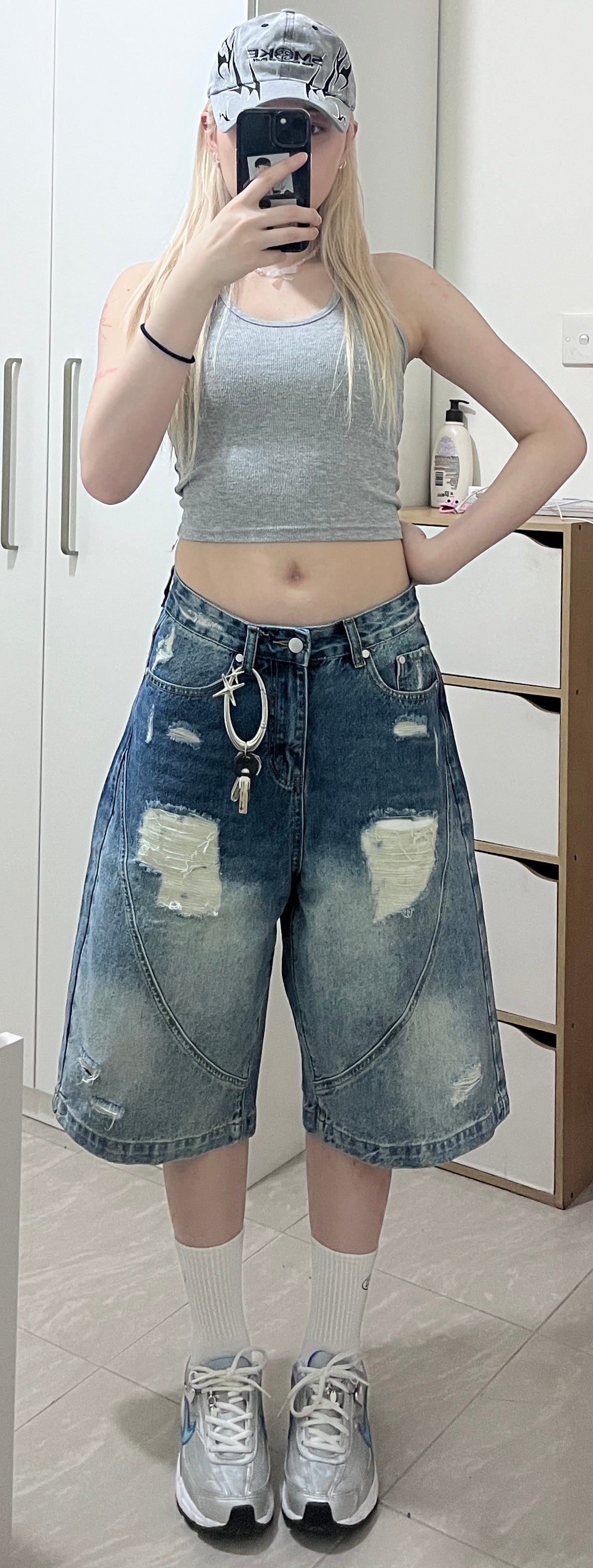 blue ripped 6-inch denim shorts