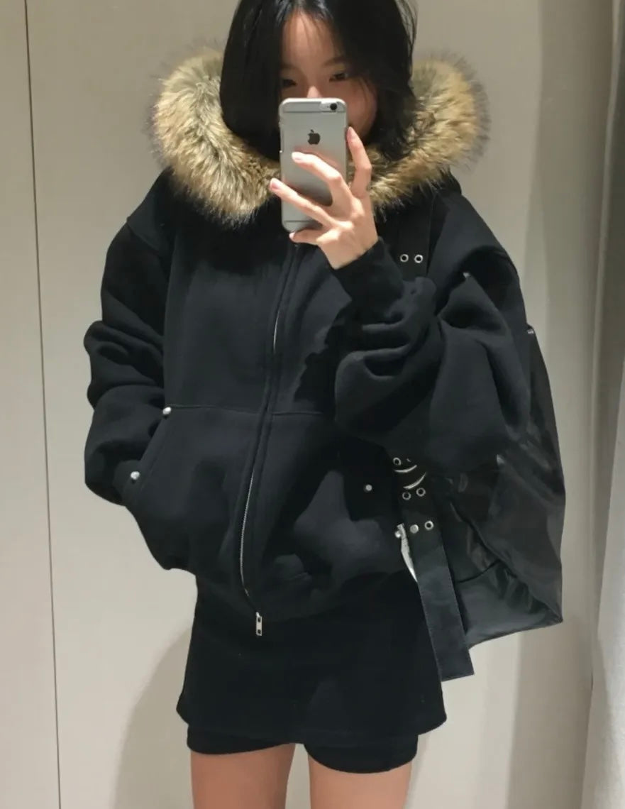 Studded fur jacket🐈‍⬛