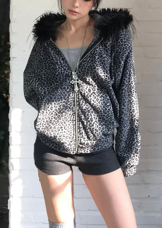 Leopard fur hoodie zip-up