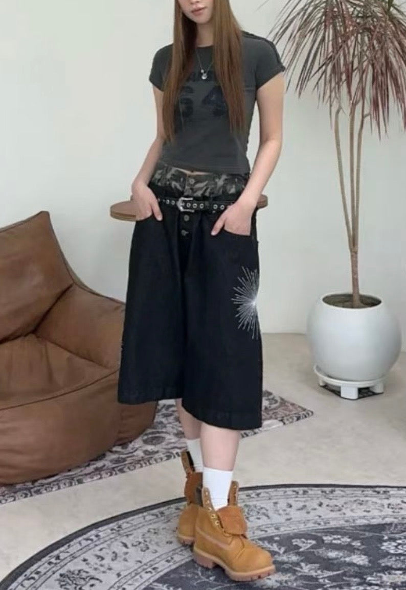 Camouflage lining firework denim shorts