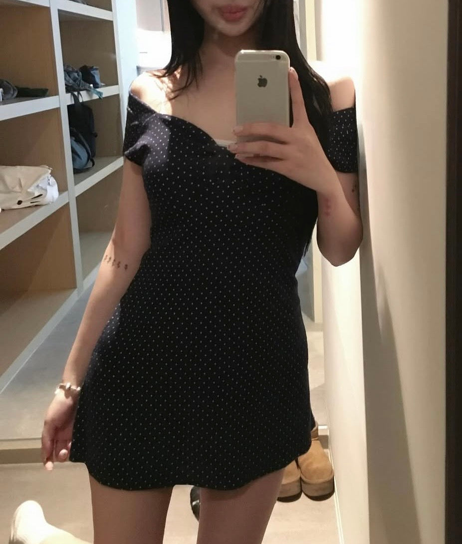 Navy polka dot v-neck mini dress