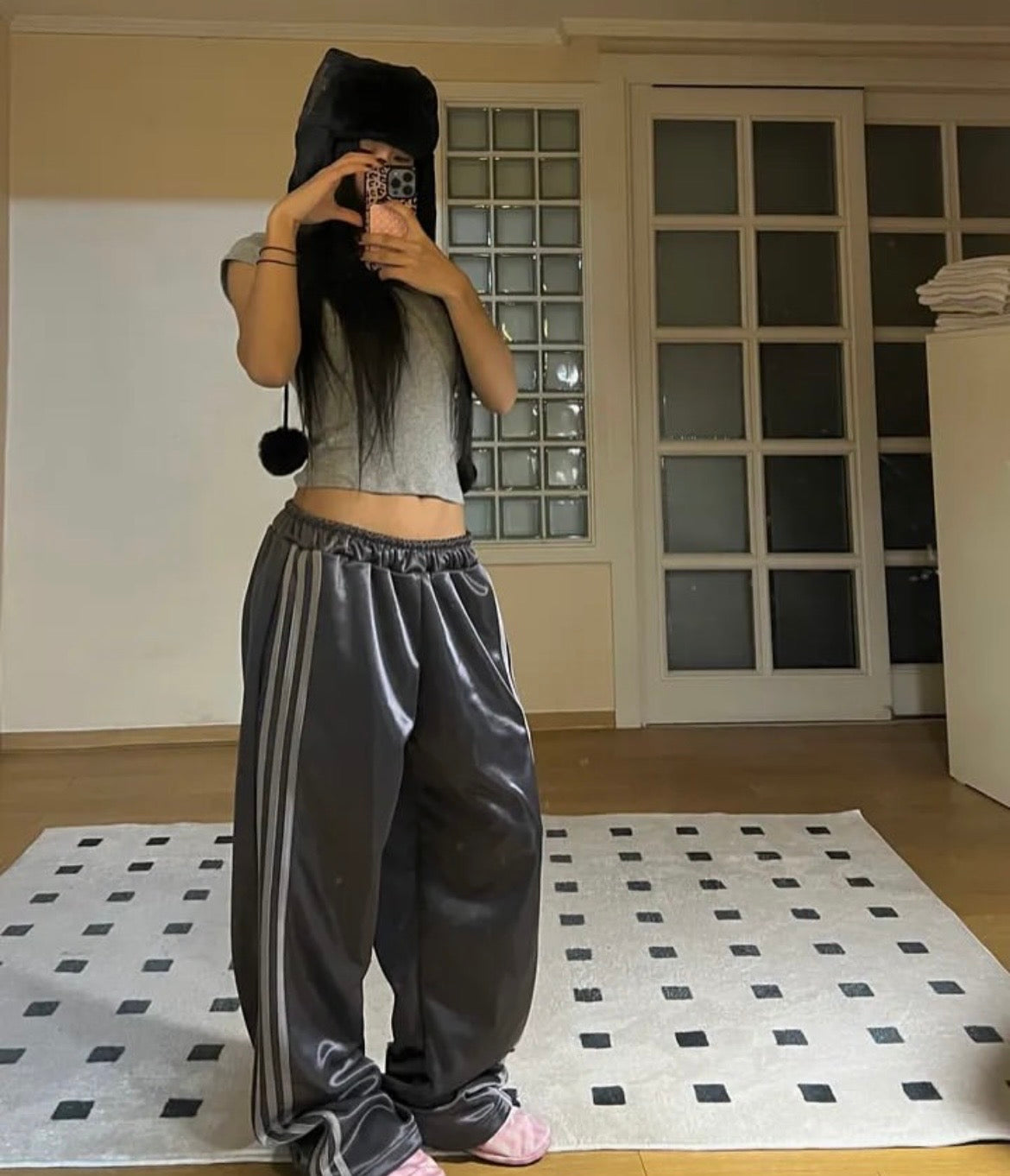 Glossy satin track pants
