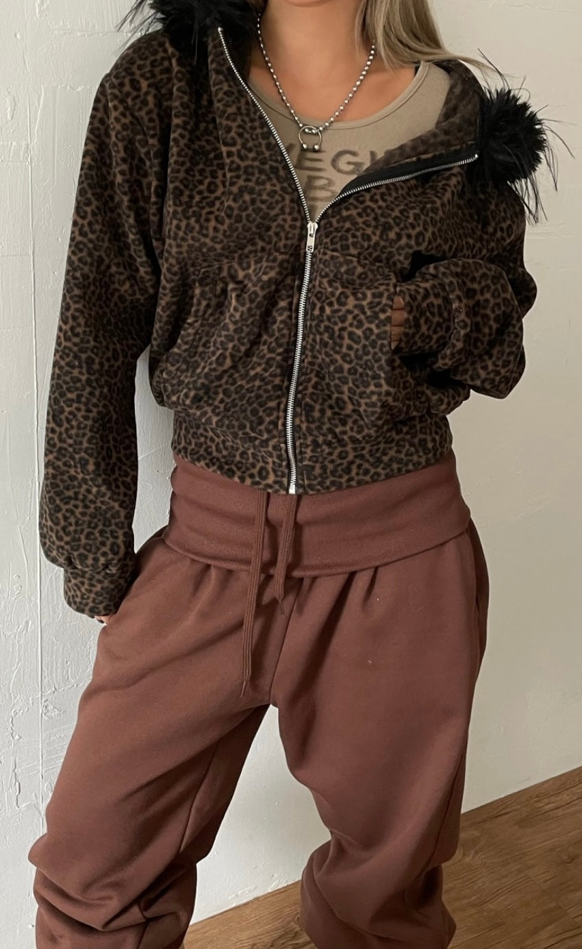 Leopard fur hoodie zip-up
