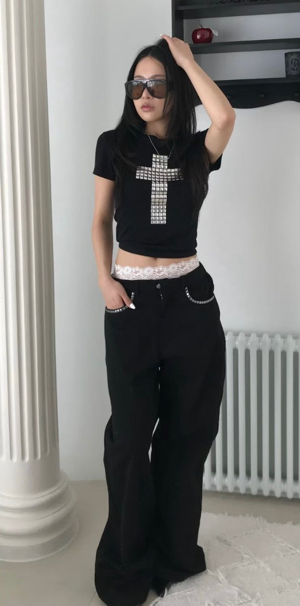 Rhinestone square crop top✝️