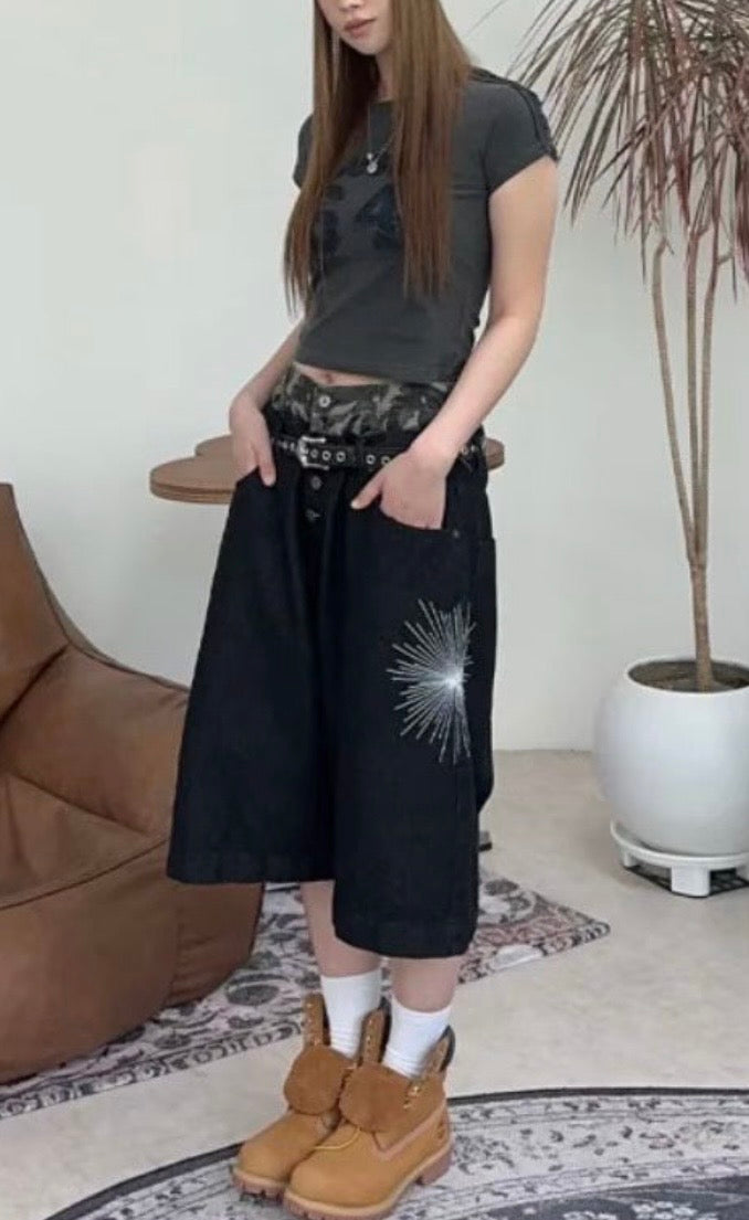 Camouflage lining firework denim shorts