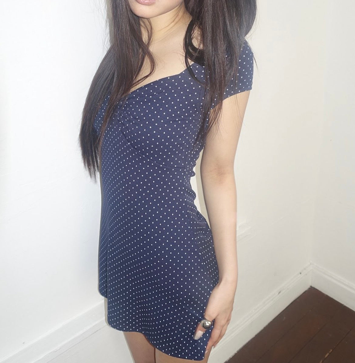 Navy polka dot v-neck mini dress