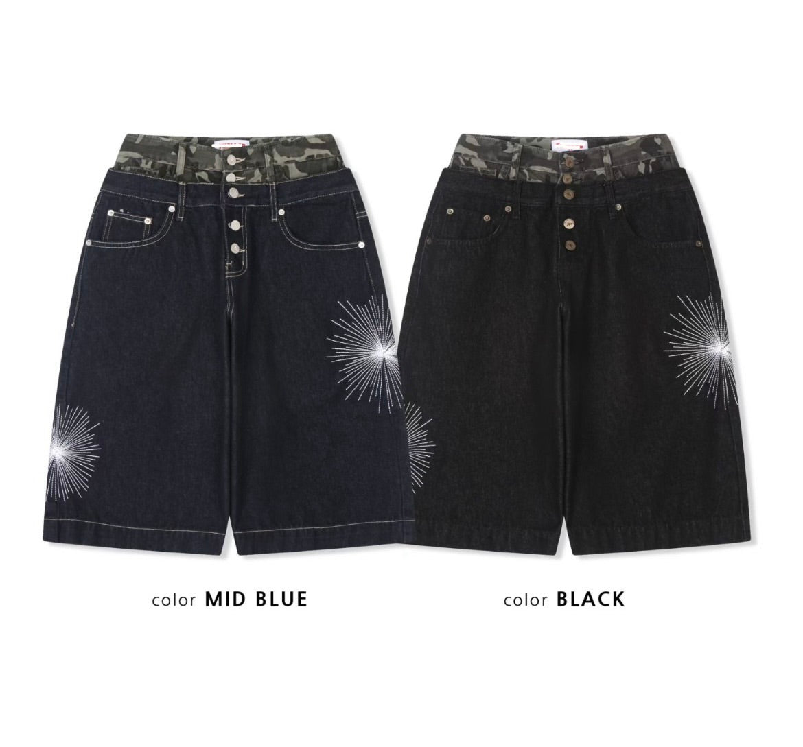 Camouflage lining firework denim shorts