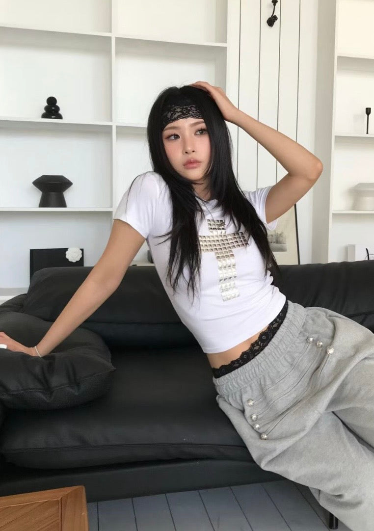 Rhinestone square crop top✝️