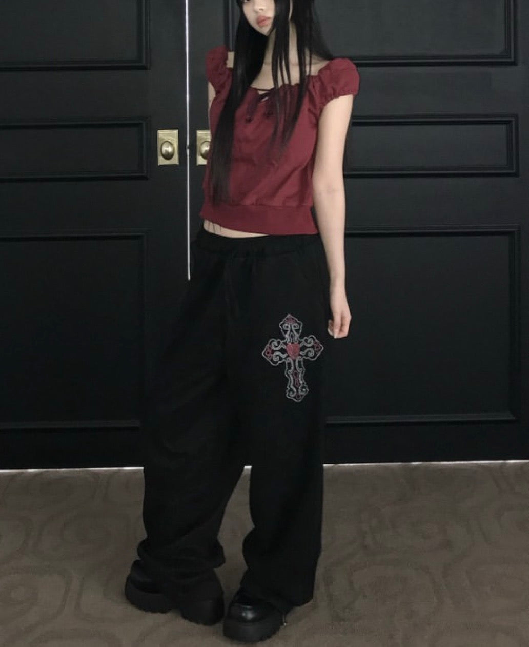 Cross charm suede-effect drawstring pants