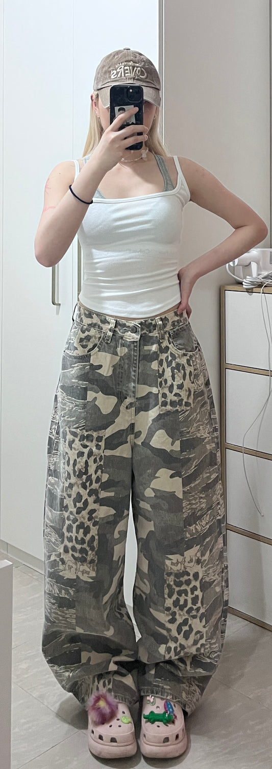 Camouflage and leopard print cargo pants