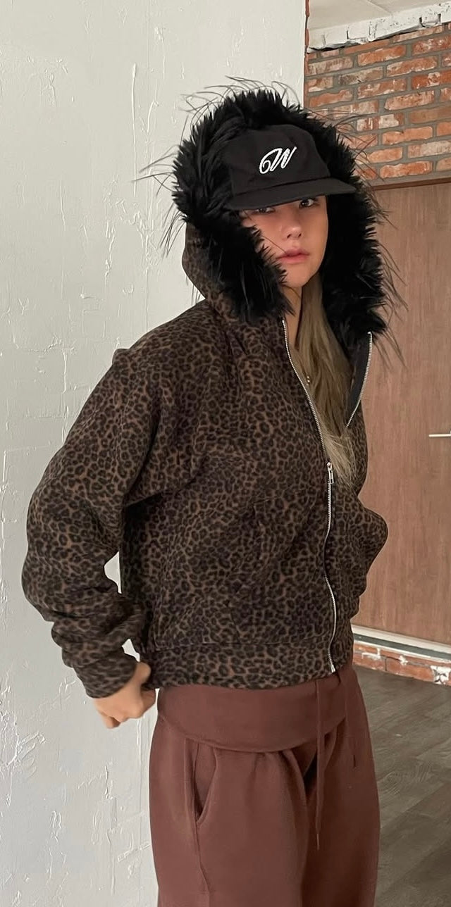 Leopard fur hoodie zip-up