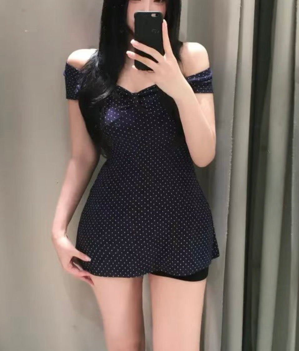 Navy polka dot v-neck mini dress