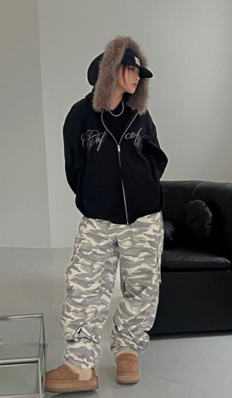 Angel fur hood zip-up