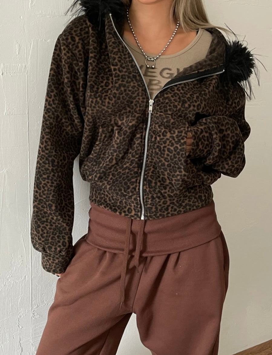 Leopard fur hoodie zip-up