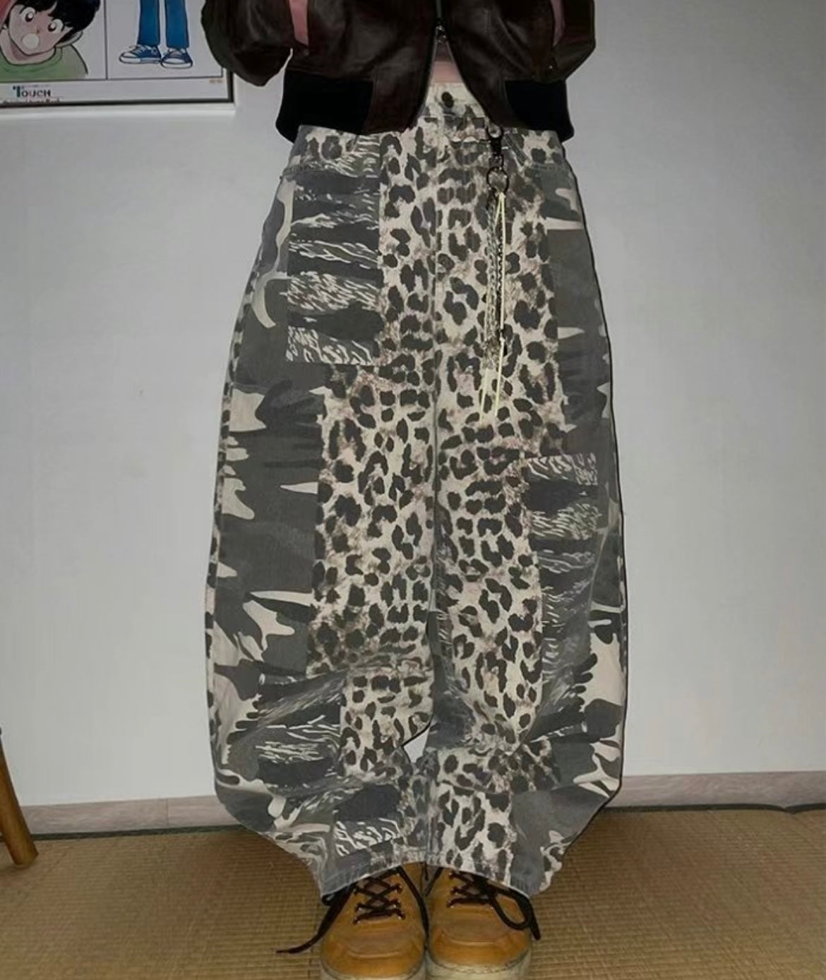 Camouflage and leopard print cargo pants