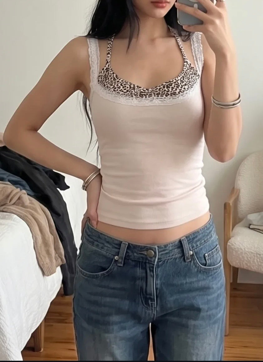 Leopard print lace trim camo top