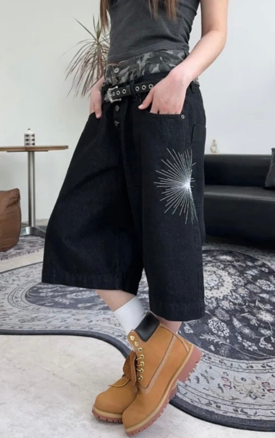 Camouflage lining firework denim shorts