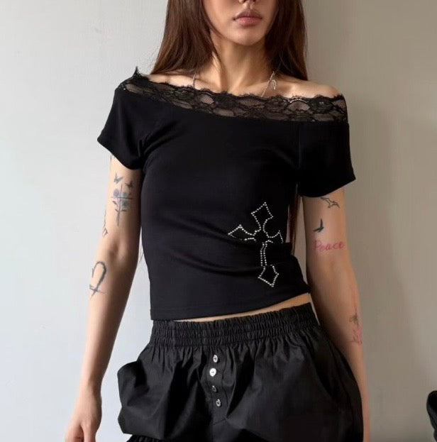 Cross studded off-shoulder tee