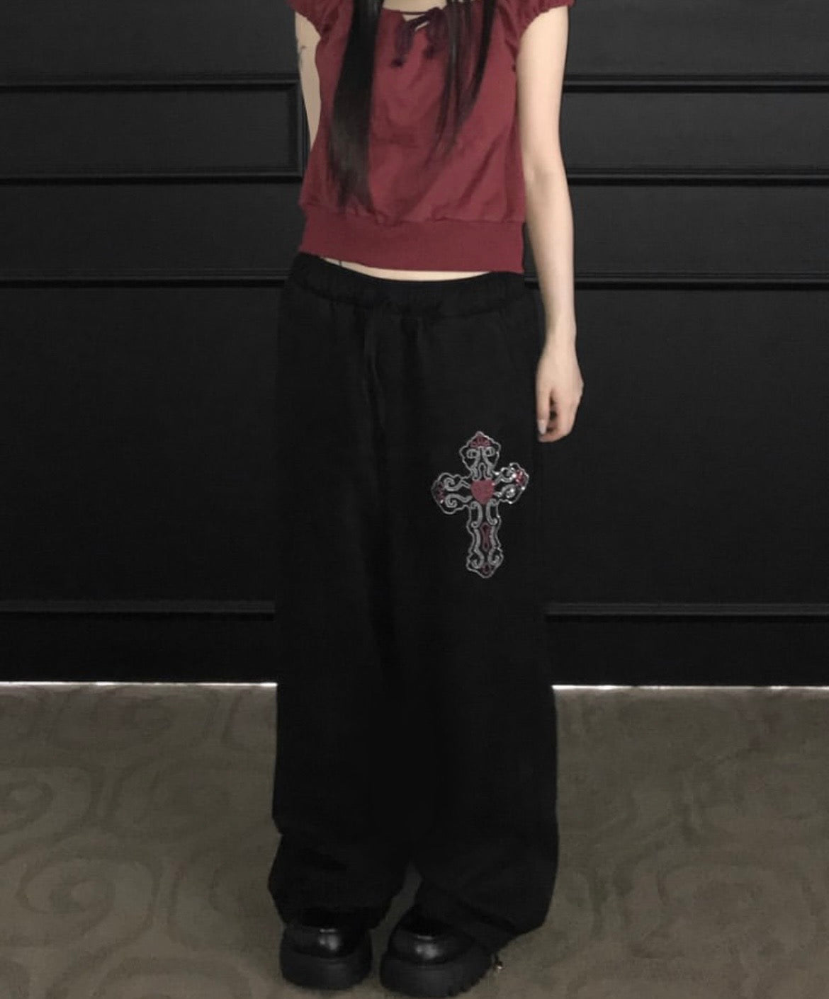 Cross charm suede-effect drawstring pants