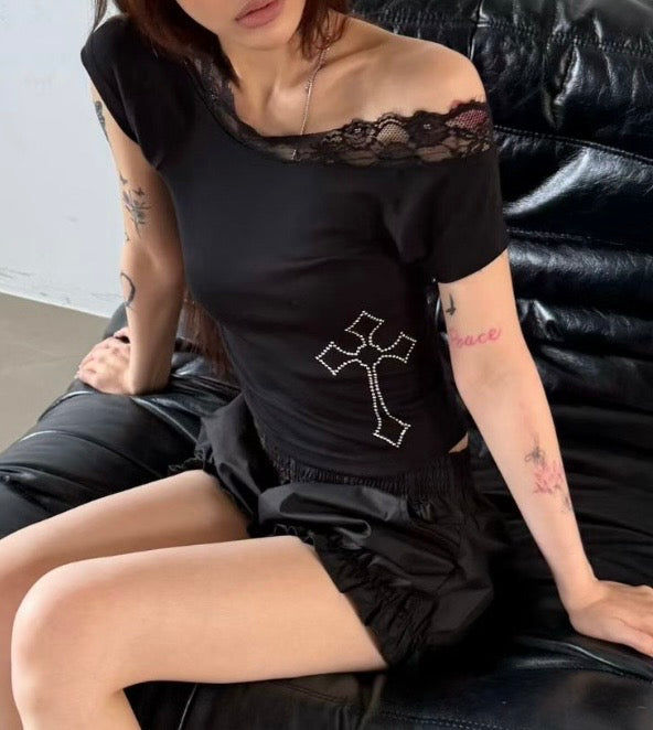 Cross studded off-shoulder tee