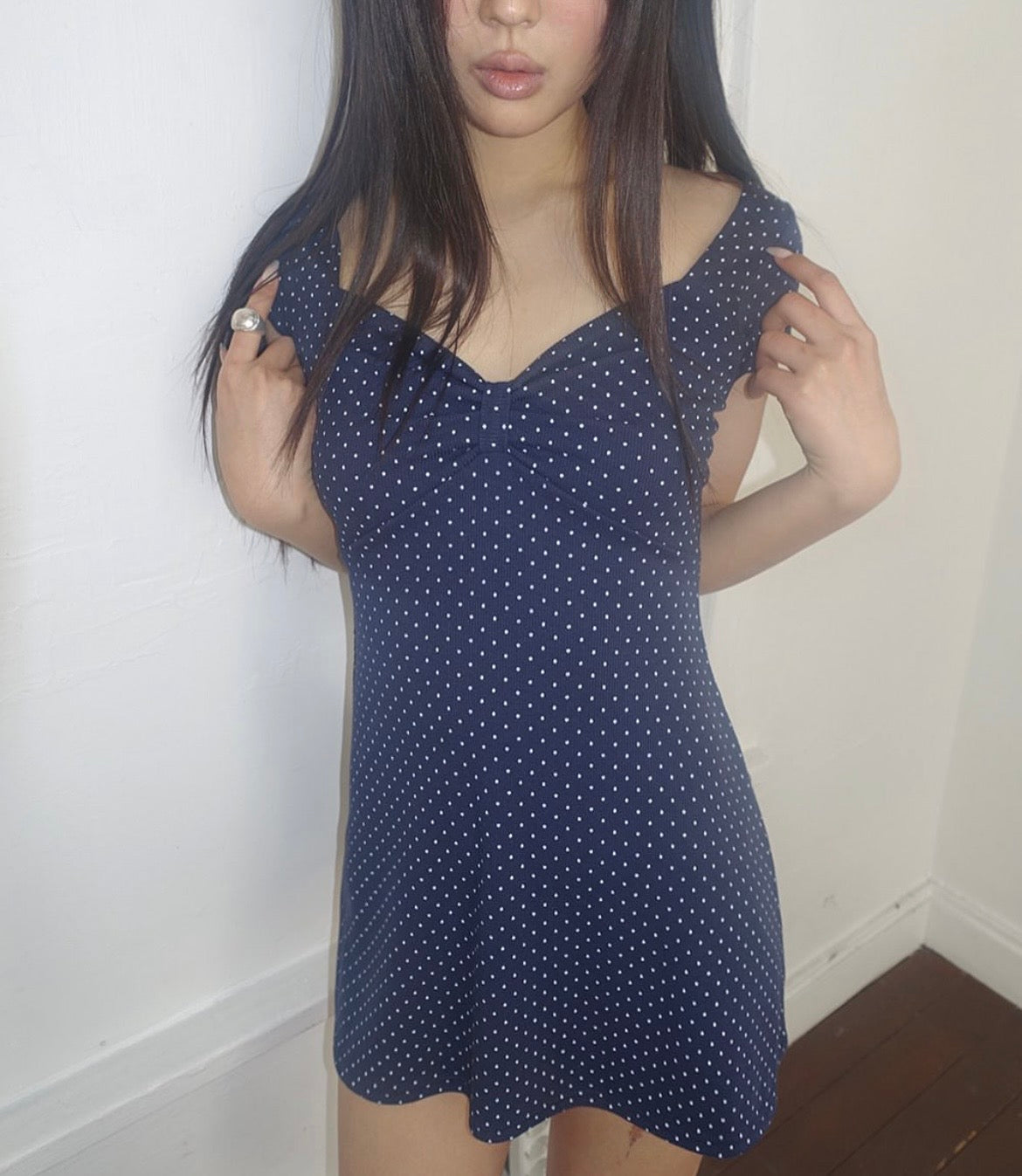 Navy polka dot v-neck mini dress