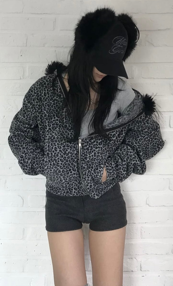 Leopard fur hoodie zip-up