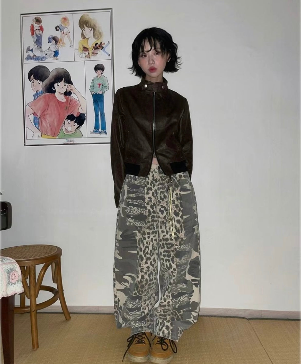 Camouflage and leopard print cargo pants