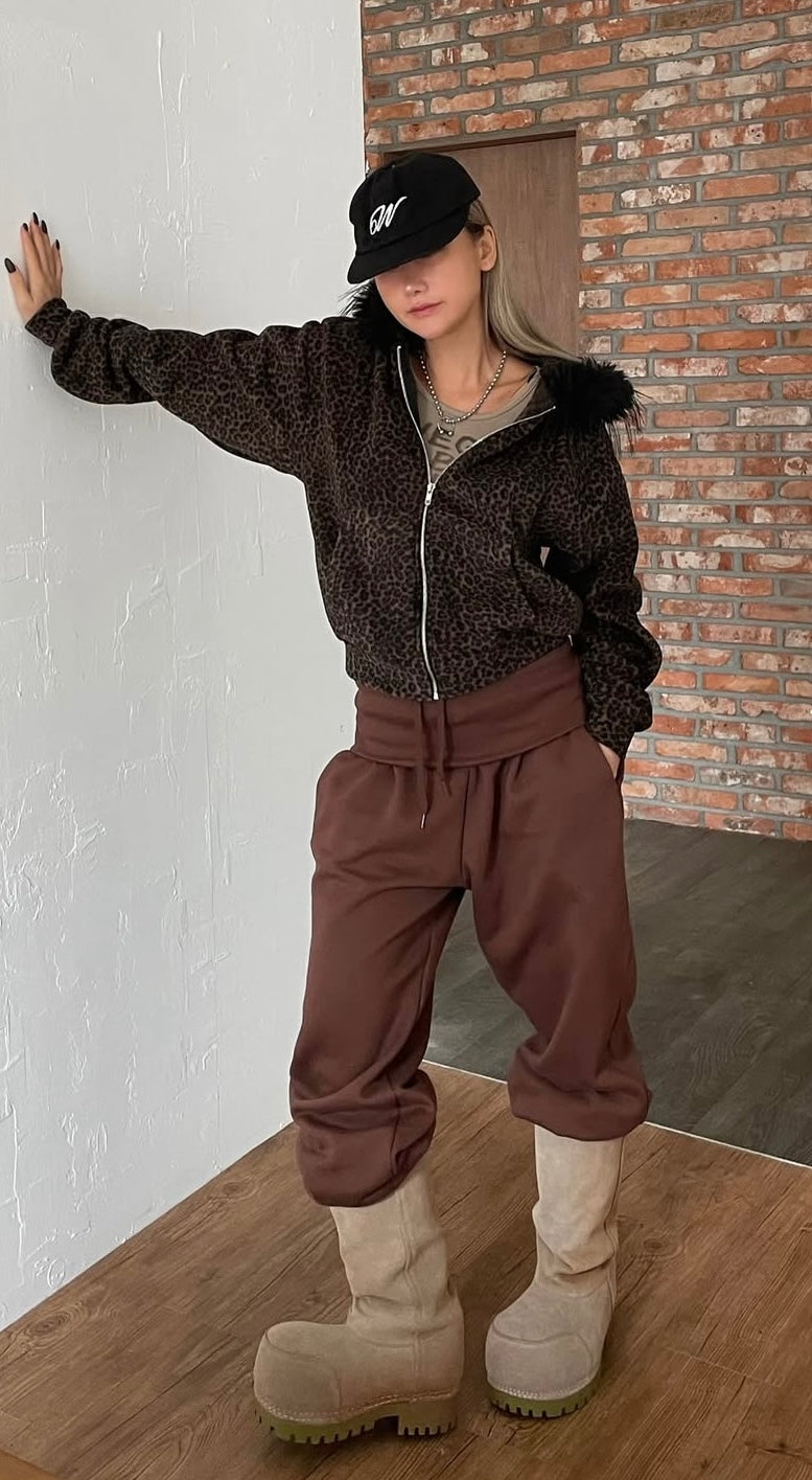 Leopard fur hoodie zip-up