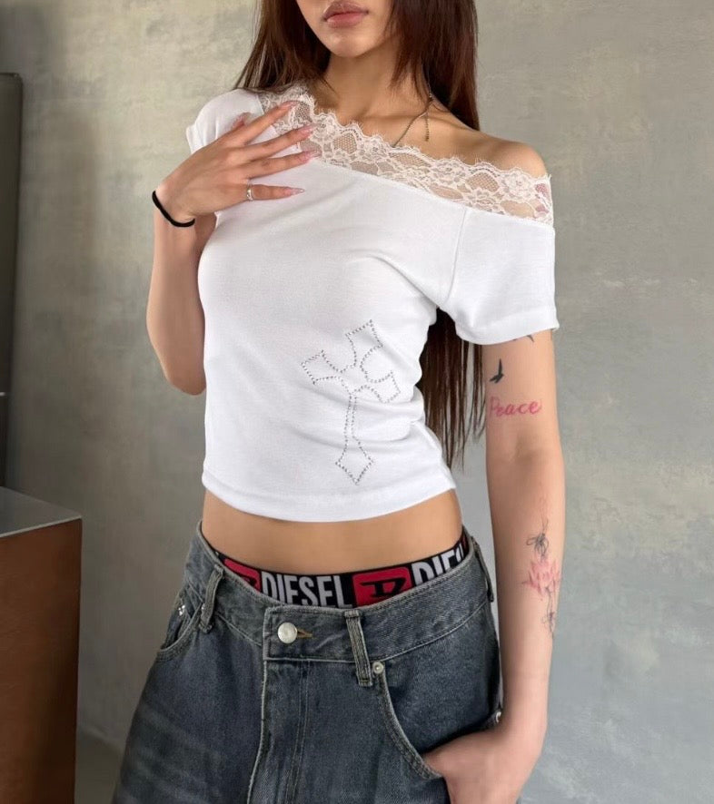 Cross studded off-shoulder tee
