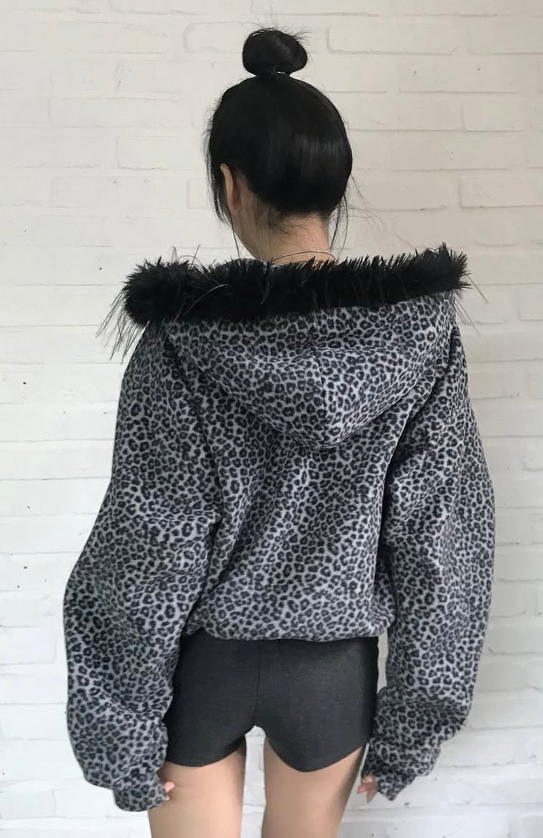 Leopard fur hoodie zip-up